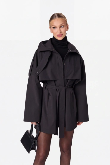 Sheila – Women’s black trench coat with a high collar “Maison”