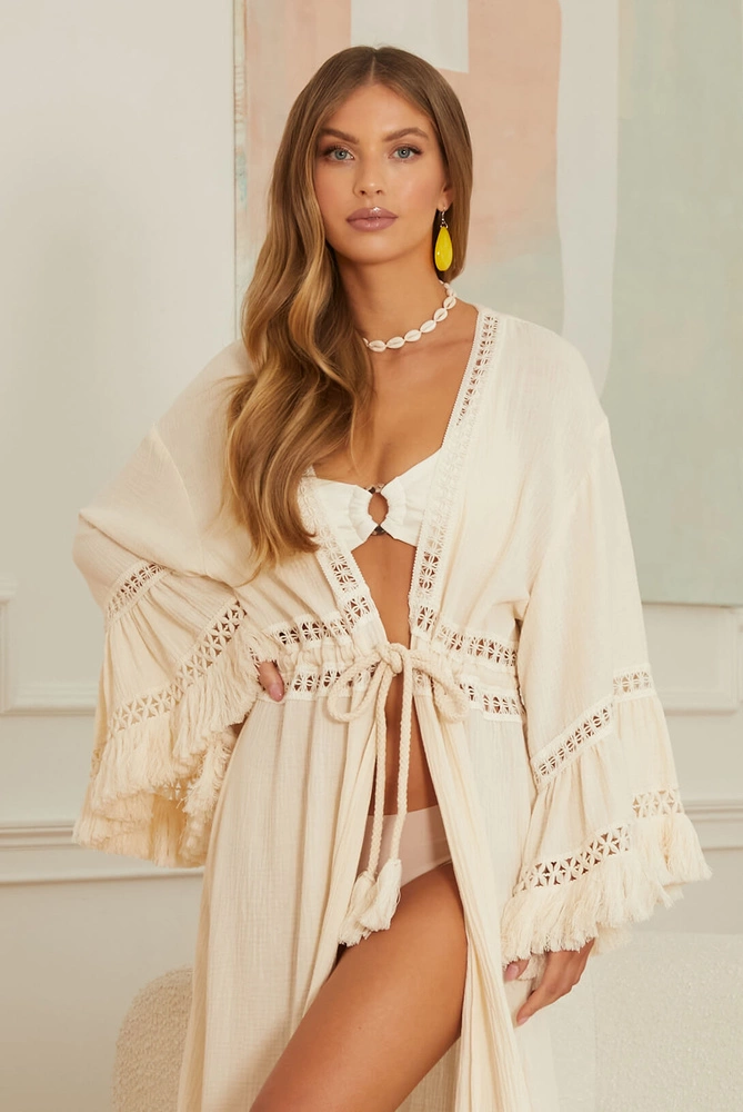 Sheila - Women's beige beach cover-up, long cream in boho style 'Ulises'
