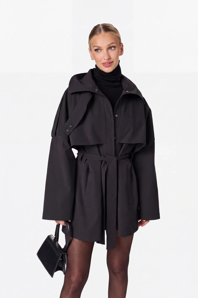 Sheila – Women’s black trench coat with a high collar “Maison”