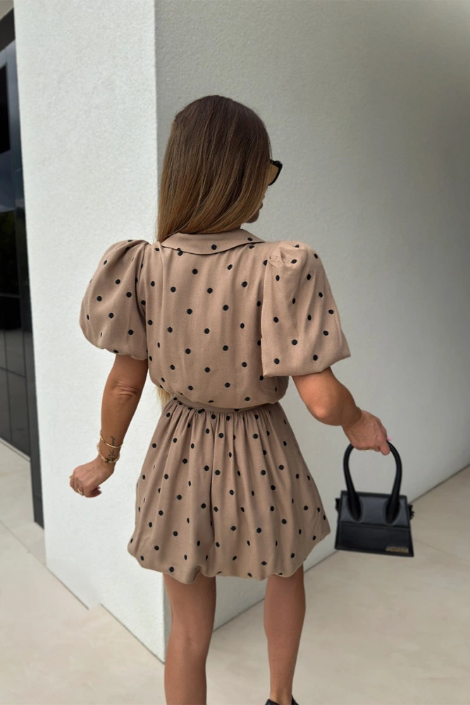 Sheila - Women's Beige Dress with Black Polka Dots, 'Munre Beige Dots', Bomber Cut Shirt Dress
